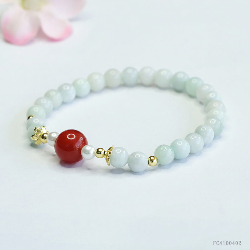 Burmese Grade A Jadeite Jade and Red Agate Beaded Bracelet with Pearl Accents