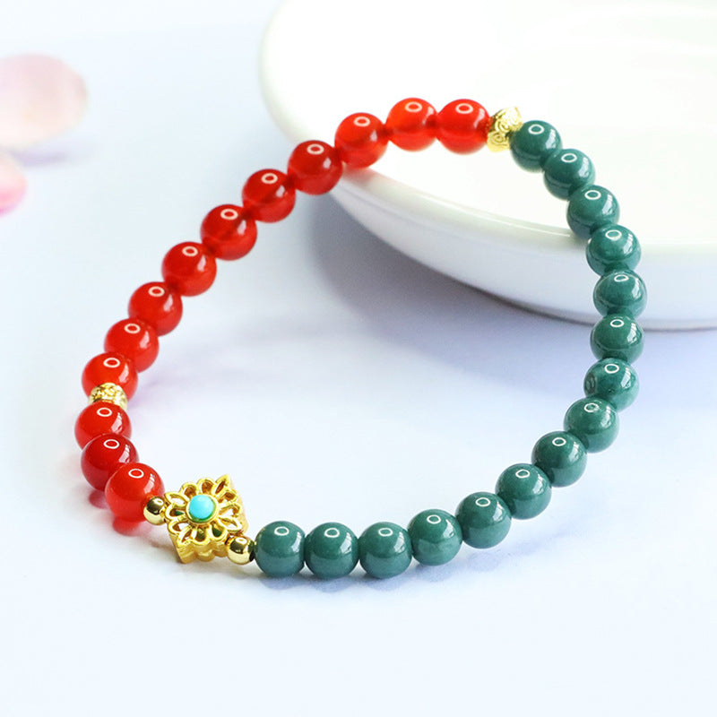 Blue Water Jadeite Jade & Red Agate Bracelet with Gold-tone Flower Accent