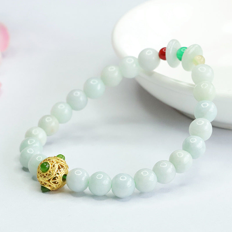 Burmese Grade A Jadeite Jade Beaded Bracelet with Filigree Sphere and Safety Buckle Accents