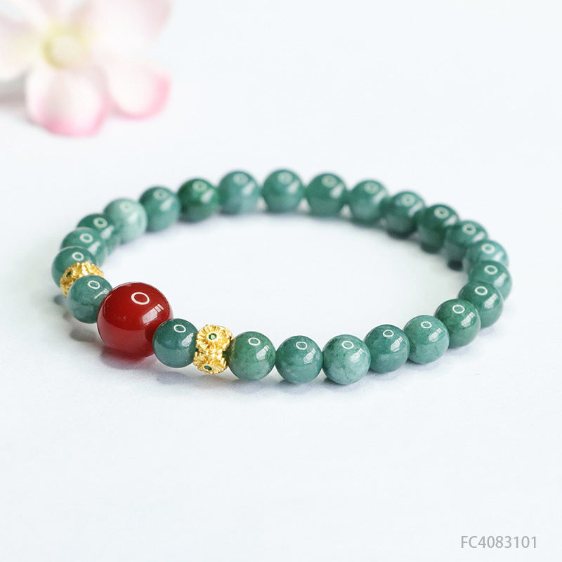 Blue Water Jadeite Jade and Red Agate Beaded Bracelet with Gold-Tone Spacers