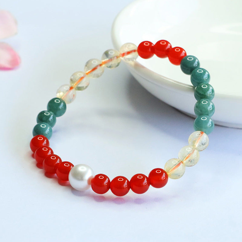 Blue Water Jadeite Jade, Red Agate, Citrine, and White Shell Pearl Beaded Bracelet