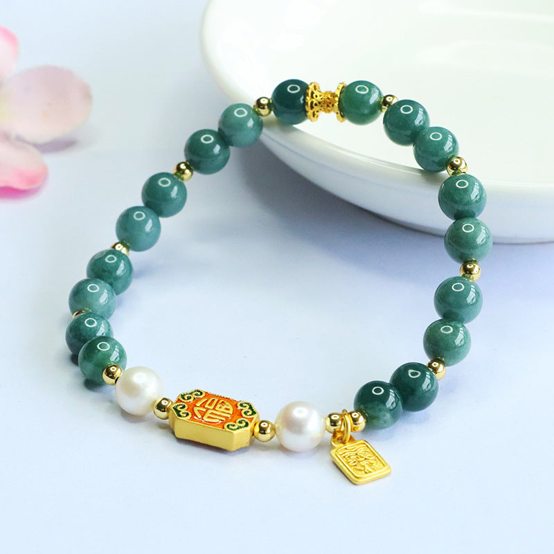 Blue Water Jadeite Jade and Pearl Beaded Bracelet with "Fu" Wealth Charm