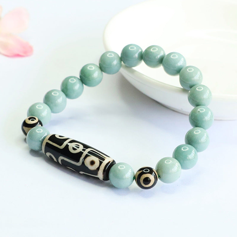 Blue Water Jadeite Jade and Dzi Agate Beaded Bracelet