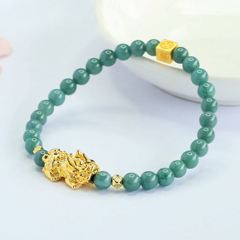 Blue Water Jadeite Jade Beaded Bracelet with Gold-Tone Pi Xiu Centerpiece