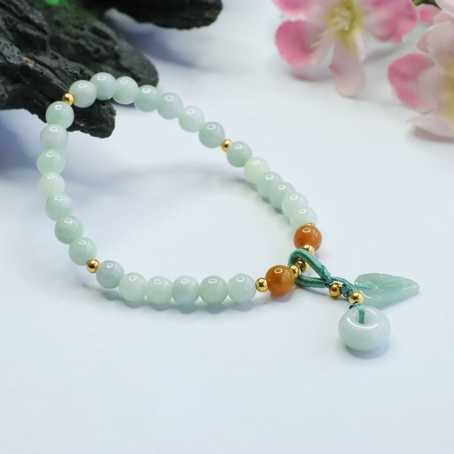 Burmese Grade A Jadeite Beaded Bracelet with Ping An Kou and Leaf Dangle Charms
