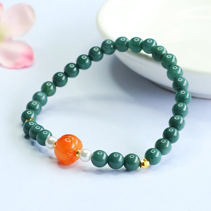 Blue Water Jadeite Jade Pumpkin Beaded Bracelet with Pearl Accents