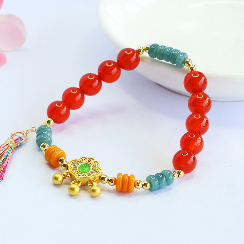 Red Agate and Blue Water Jadeite Jade Ruyi Beaded Stretch Bracelet with Tassel Charm