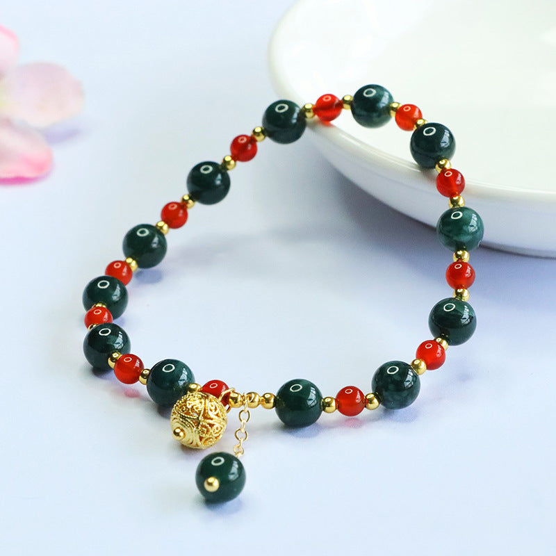 Blue Water Jadeite Jade and Red Agate Beaded Bracelet with Filigree Charm