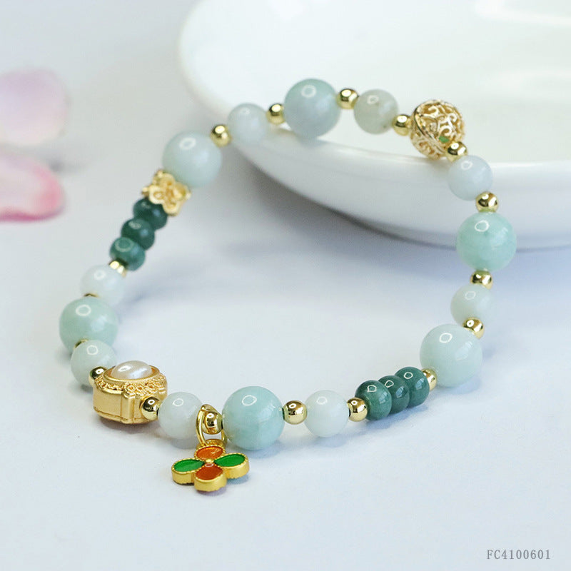 Blue Water and Light Jadeite Jade Beaded Bracelet with Four-Leaf Clover Charm