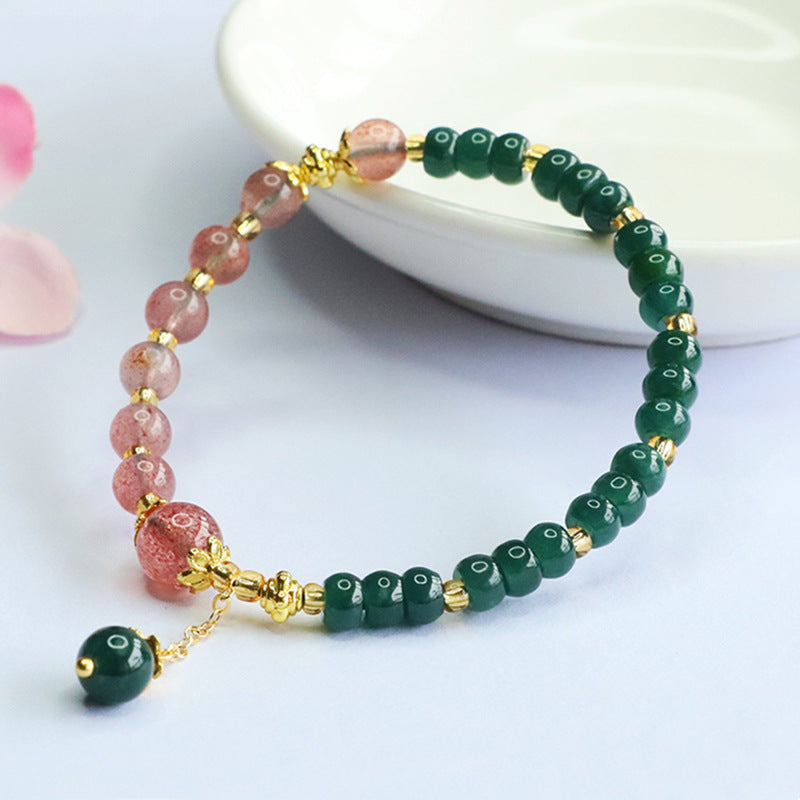 Blue Water Jadeite Jade and Strawberry Quartz Beaded Bracelet with Dangle Charm