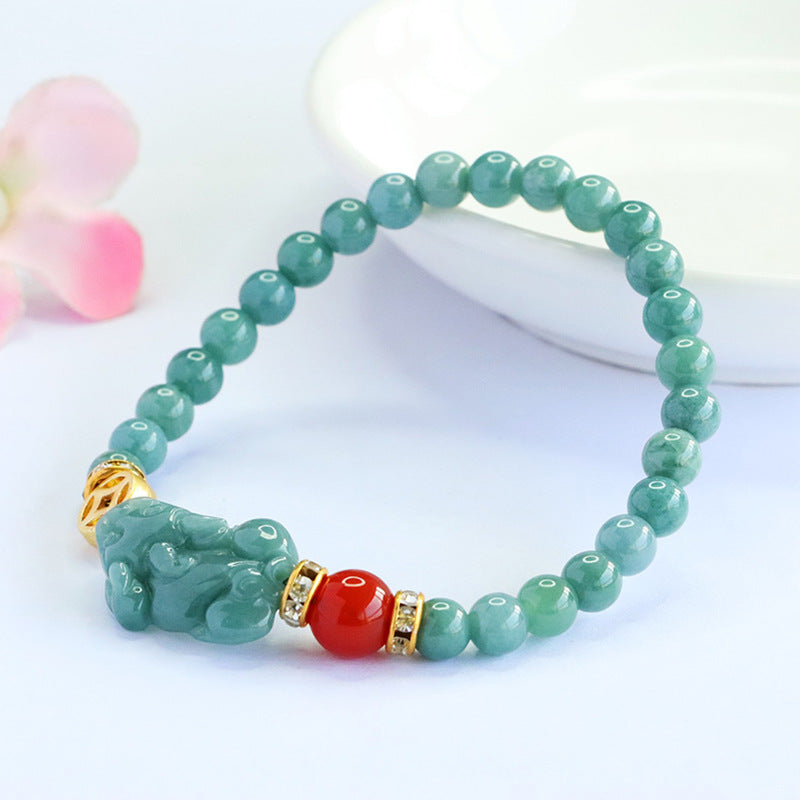 Blue Water Jadeite Jade Pi Xiu and Red Agate Beaded Bracelet