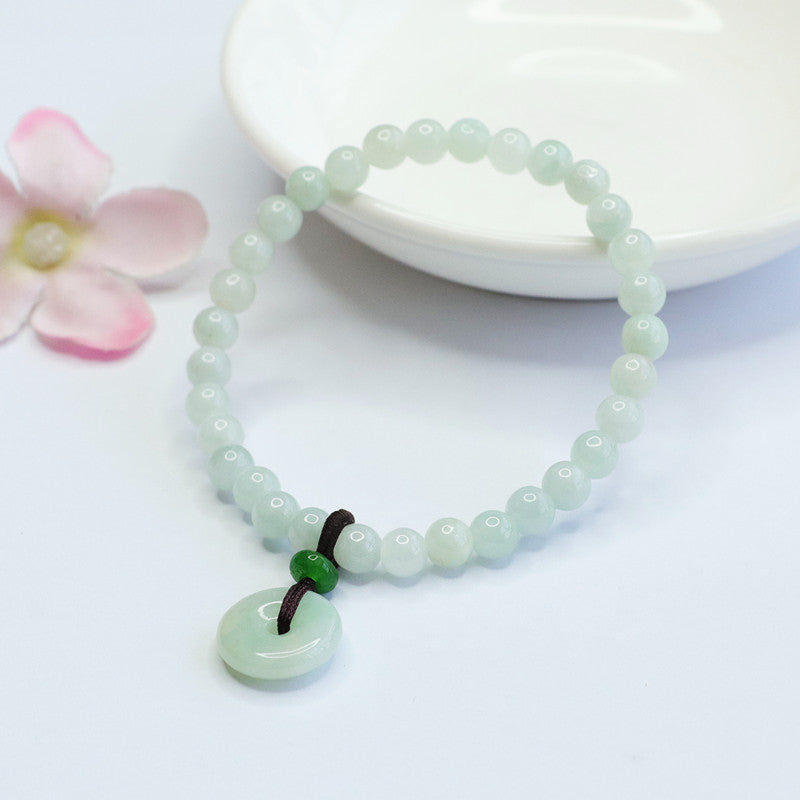 Grade A Pale Green Jadeite Jade Peace Buckle Cord-Tassel Beaded Bracelet