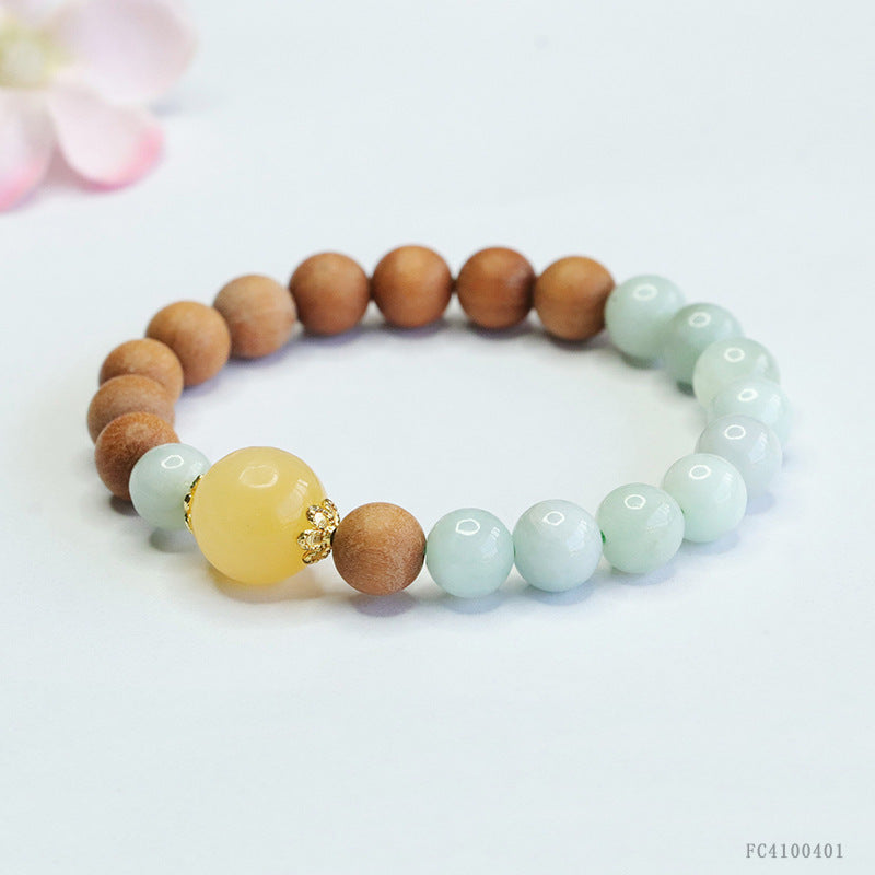 Jadeite Jade and Sandalwood Beaded Bracelet with Yellow Stone Focal Bead