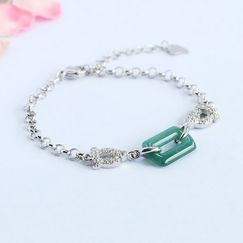 Blue Water Jadeite Interlocking Square Link Silver-Tone Bracelet