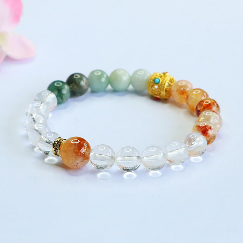White Crystal, Yellow Phantom Quartz and Jadeite Jade Multi-Gemstone Beaded Bracelet