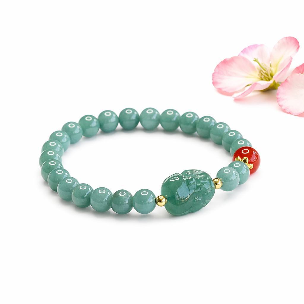 Blue Water Jadeite Jade and Red Agate Pixiu Beaded Bracelet