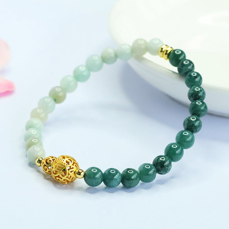 Two-Tone Jadeite Jade Beaded Bracelet with Hollow-Out Gourd Charm
