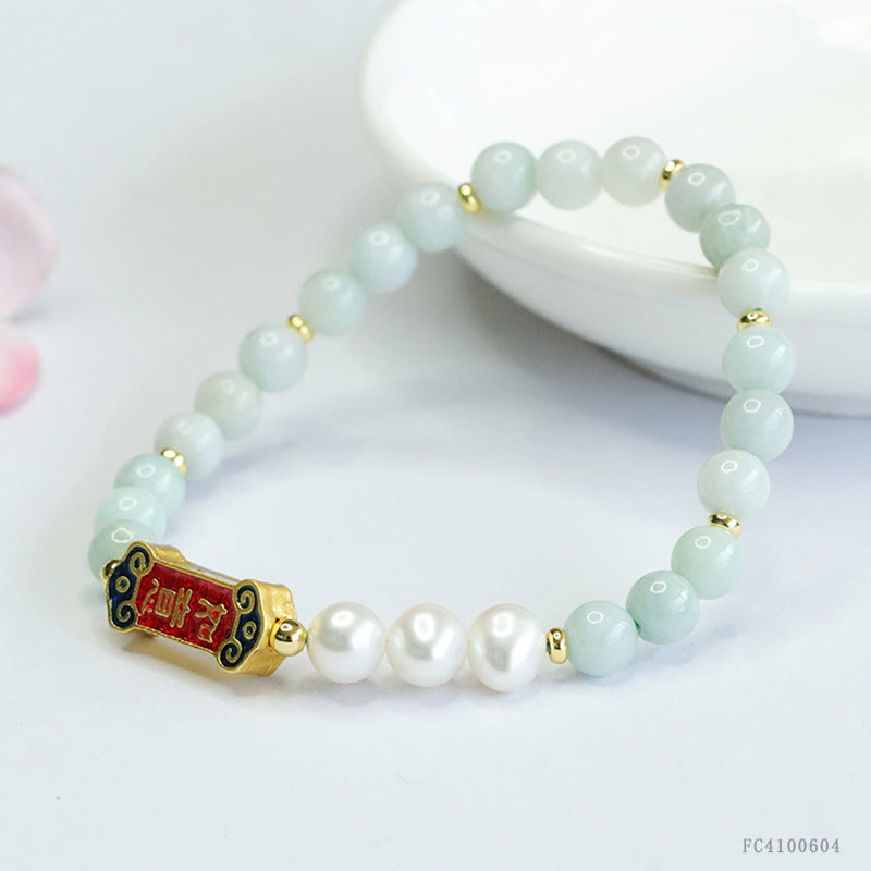 Burmese Grade A Jadeite and Freshwater Pearl Beaded Bracelet with Enamel Plaque Charm
