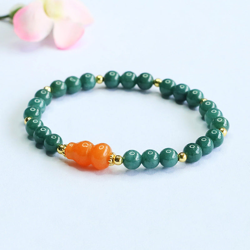 Blue Water Jadeite Jade Beaded Bracelet with Orange Jinsiyu Gourd Accent