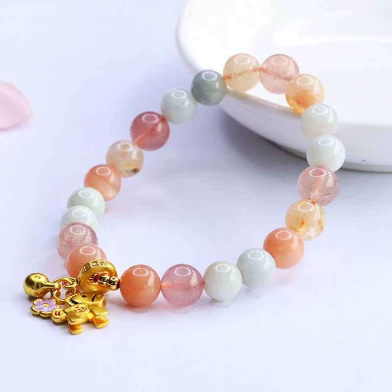 Burmese Grade A Jadeite and Strawberry Quartz Multi-Gemstone Beaded Bracelet with Horse Charm