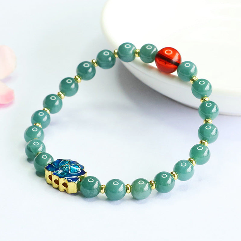 Blue Water Jadeite Jade and Blood Amber Blue Lotus Beaded Bracelet