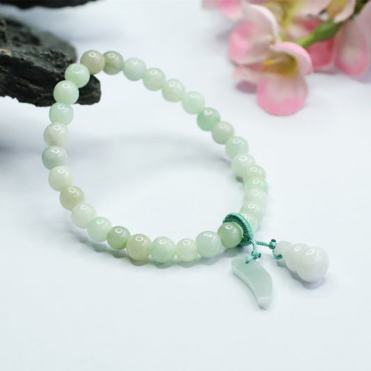 Jadeite Jade Gourd Beaded Stretch Bracelet with Charm