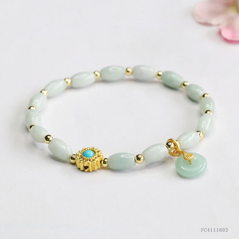 Burmese Grade A Jadeite Rice Bead Bracelet with Ping An Kou Charm and Turquoise Accent