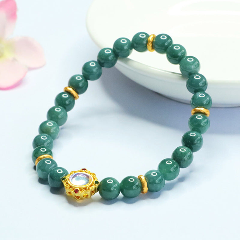 Blue Water Jadeite Jade Beaded Bracelet with Moonstone Centerpiece