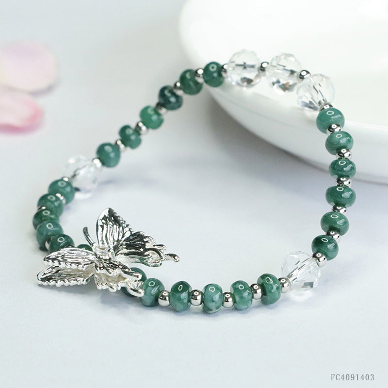 Blue Water Jadeite Abacus Bead and Silver Butterfly Beaded Bracelet