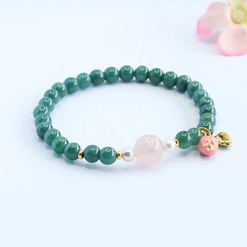 Blue Water Jadeite Jade and Rose Quartz Beaded Bracelet with Enamel Charm