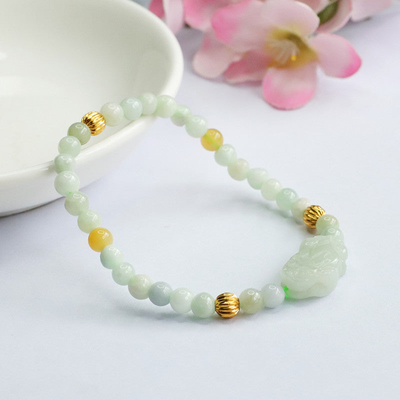 Jadeite Jade Pi Xiu Beaded Bracelet with Yellow Jade Accents