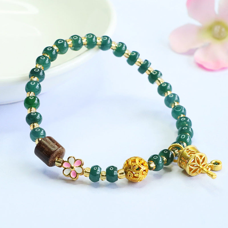 Blue Water Jadeite Abacus Bead Bracelet with Wooden Accent and Floral Charm