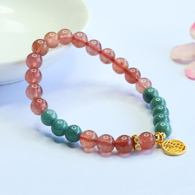 Blue Water Jadeite Jade and Red Strawberry Quartz Beaded Bracelet with "Fu" Coin Pendant