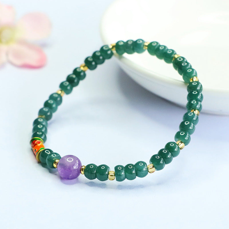 Blue Water Jadeite and Amethyst Beaded Bracelet with Koi Fish Accent