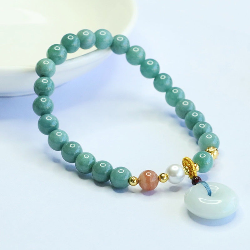 Blue Water Jadeite Jade Beaded Bracelet with Ping An Kou Dangle Charm