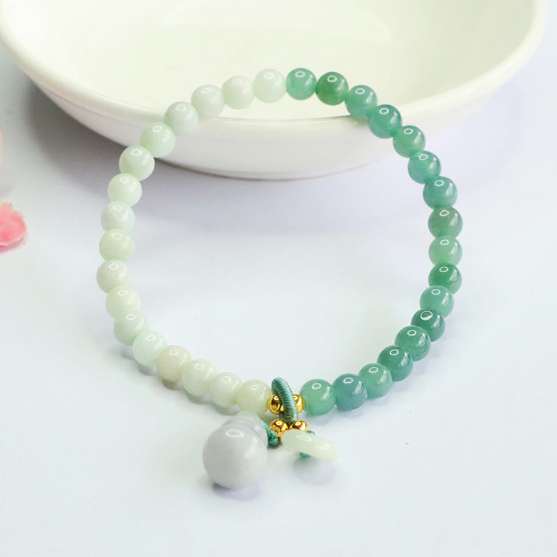 Gradient Green Jadeite Jade Beaded Bracelet with Gourd Charm