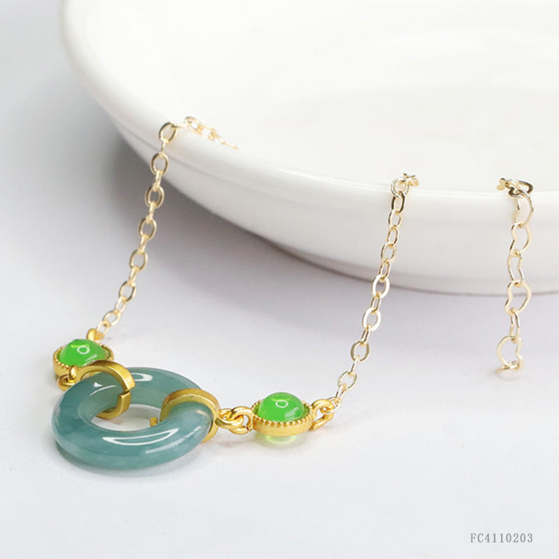 Blue Water Jadeite Jade Safety Ring Chain Bracelet with Green Cabochons