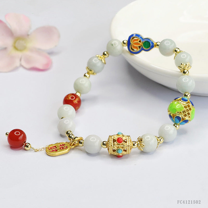 Burmese Grade A Jadeite Jade and Enamel Accent Beaded Bracelet