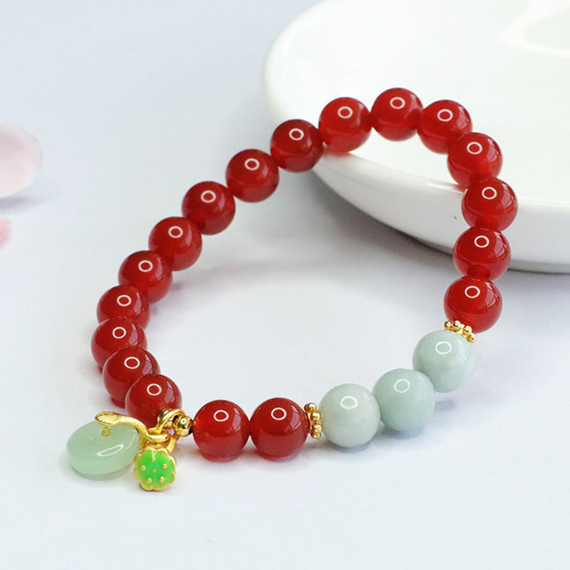 Red Agate and Jadeite Jade Beaded Bracelet with Dangle Charms