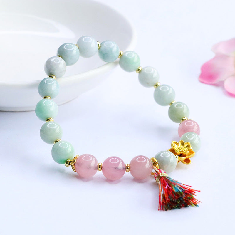 Burmese Grade A Jadeite Jade and Rose Quartz Lotus Beaded Bracelet
