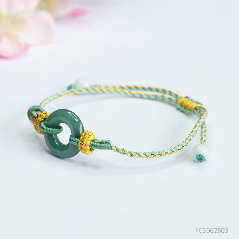 Blue Water Jadeite Peace Buckle Braided Cord Bracelet