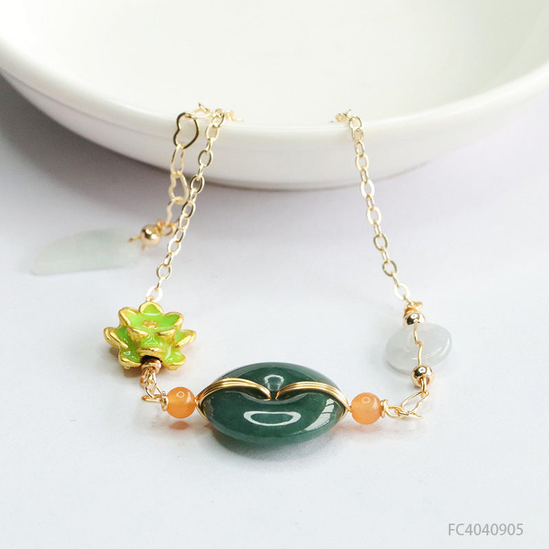 Blue Water Jadeite Ping An Kou and Enamel Lotus Flower Chain Bracelet