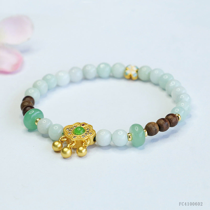 Burmese Grade A Jadeite Beaded Bracelet with Agarwood Accents and Ruyi Lock Charm