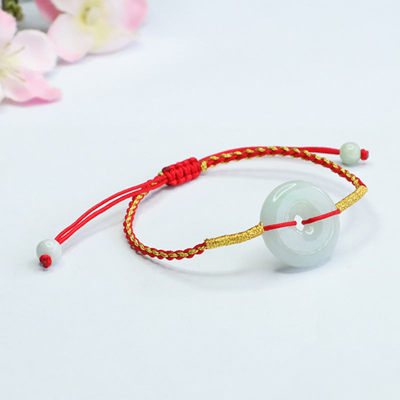 Burmese Grade A Jadeite Ping An Kou Woven Red Cord Bracelet