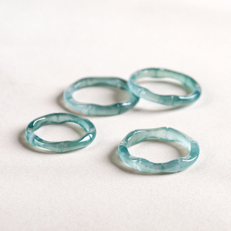 Grade A Ice-Type Blue Water Jadeite Jade Bamboo Design Solid Band Ring