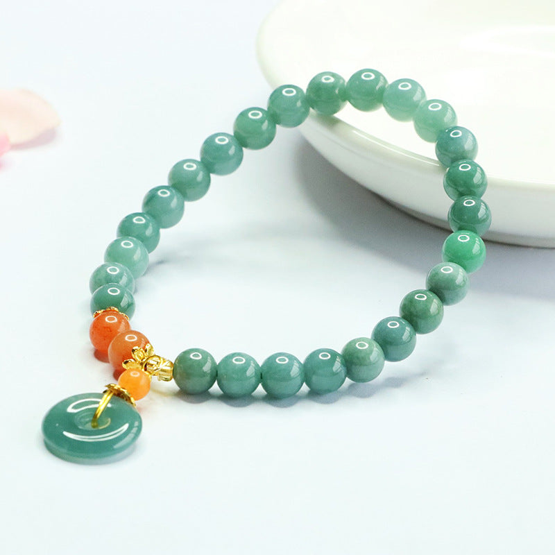 Grade A Jadeite Jade Beaded Bracelet with Peace Buckle Pendant