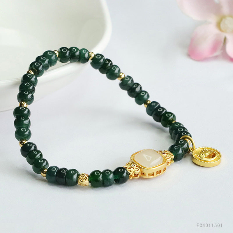 Blue Water Jadeite Abacus Bead Bracelet with Square Focal and Coin Charm