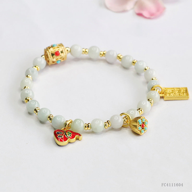 Burmese Grade A Jadeite Jade Beaded Bracelet with Retro Enamel and Gemstone Charms
