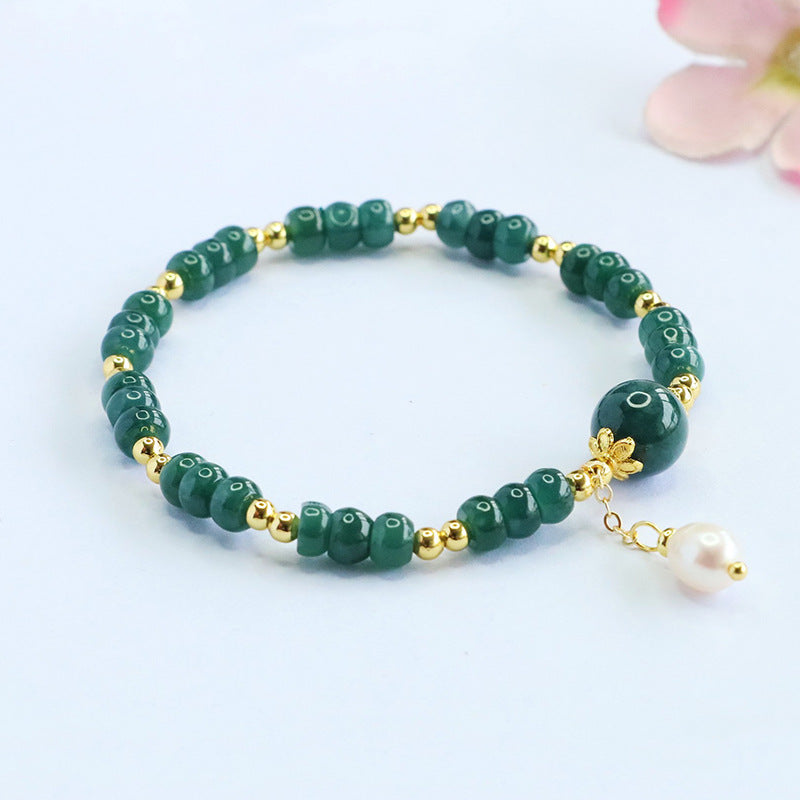 Blue Water Jadeite Jade and Freshwater Pearl Beaded Bracelet
