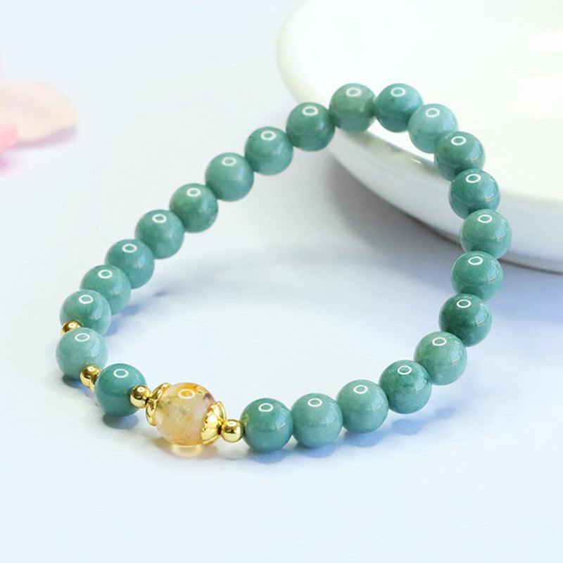 Blue Water Jadeite Jade Beaded Bracelet with Yellow Phantom Quartz Accent